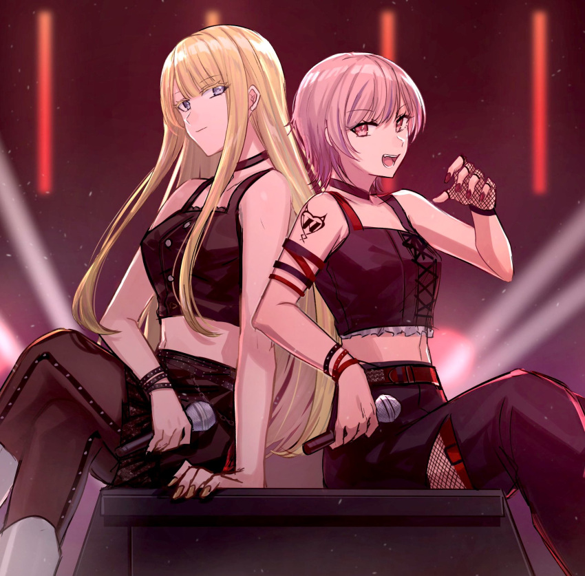 2girls aoki_shizumi belt black_pantyhose blonde_hair brown_hair choker closed_mouth d4dj gloves highres holding holding_microphone microphone midriff multiple_girls neo_(d4dj) open_mouth pantyhose purple_eyes red_eyes weronika_(d4dj)