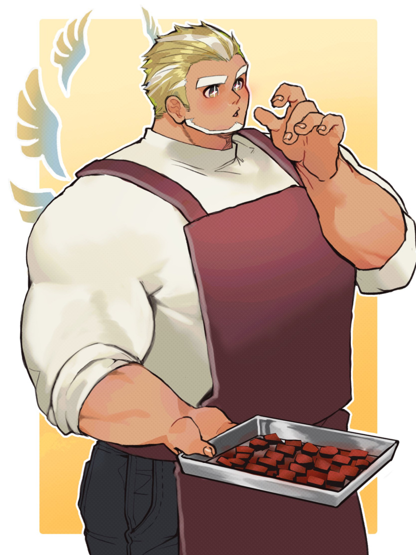 1boy angel_wings apron bara beard blonde_hair character_request cowboy_shot eating facial_hair full_beard highres holding huge_eyebrows huge_pectorals male_focus mini_wings muscular muscular_male shiratori_yokikana short_hair solo standing star-shaped_pupils star_(symbol) symbol-shaped_pupils thick_eyebrows tokyo_afterschool_summoners two-tone_background wings