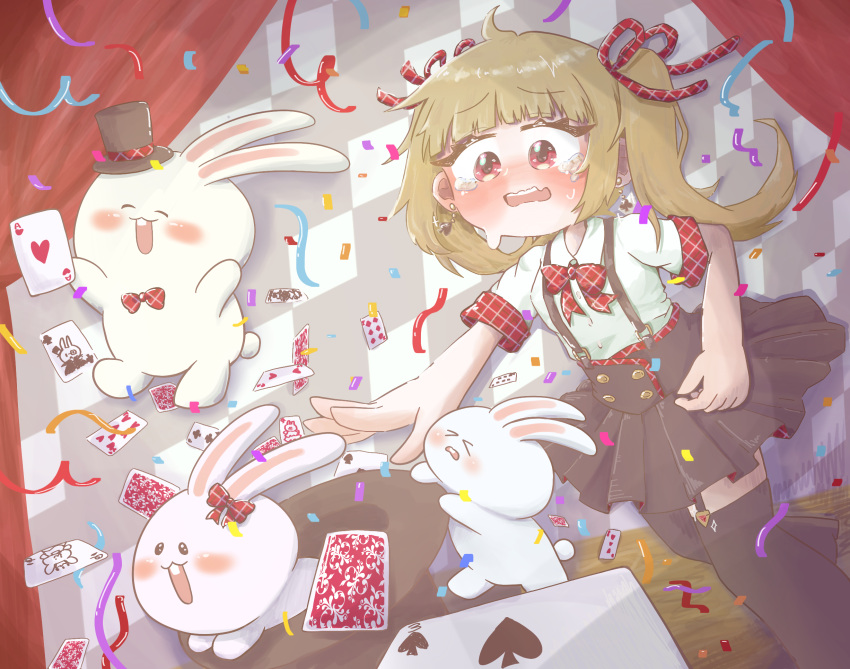 1girl :d :o ace_(playing_card) ace_of_hearts black_skirt black_thighhighs blush bow brown_hair card closed_eyes commentary confetti crying crying_with_eyes_open curtains garter_straps hat heart highres indoors maaya_yayaya magician mini_hat original playing_card rabbit red_bow red_eyes shirt skirt smile solo standing suspenders tears thighhighs white_shirt