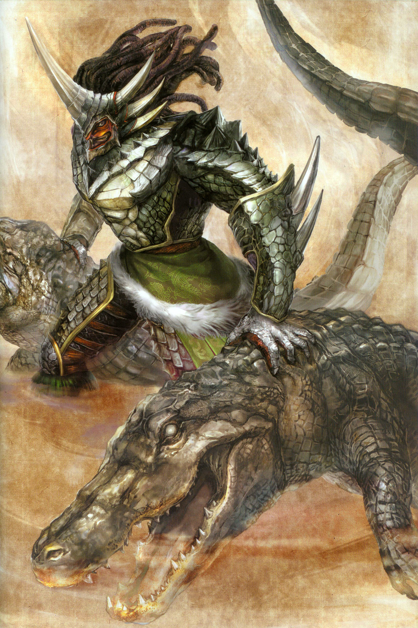 absurdres armor artist_request crocodile crocodilian helmet highres horns male_focus scan shin_sangoku_musou solo wei_yan