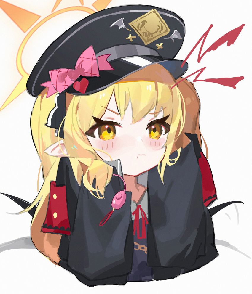 1girl black_coat black_dress black_headwear blonde_hair blue_archive blush closed_mouth coat collared_shirt dress halo hat highres ibuki_(blue_archive) long_hair measho peaked_cap pointy_ears shirt simple_background sleeves_past_fingers sleeves_past_wrists solo upper_body white_background white_shirt yellow_eyes yellow_halo