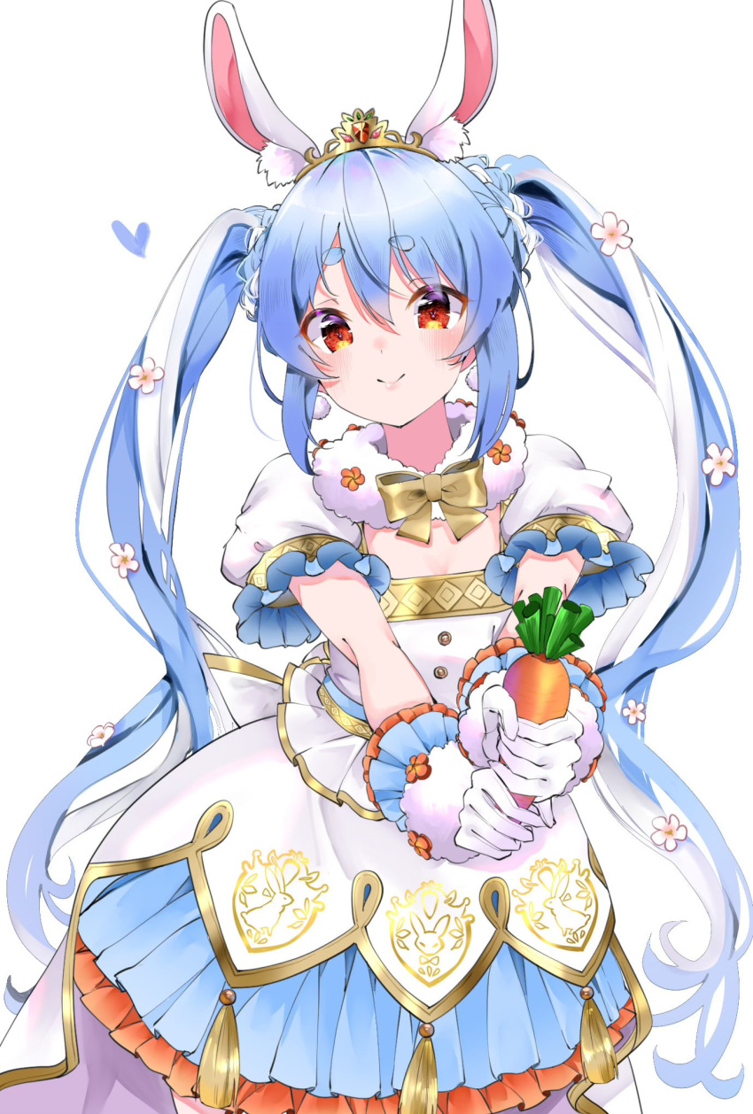 1girl animal_ear_fluff animal_ears blue_hair carrot dress flower gloves hair_flower hair_ornament highres holding holding_carrot hololive long_hair multicolored_hair official_alternate_costume orange_eyes puffy_short_sleeves puffy_sleeves rabbit-shaped_pupils rabbit_ears rabbit_girl short_sleeves smile solo symbol-shaped_pupils twintails two-tone_hair usada_pekora usada_pekora_(pekoland_princess) very_long_hair virtual_youtuber white_dress white_gloves white_hair yuanagae