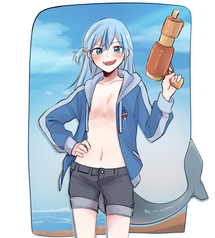 beach copyright_request fins fish_tail food highres jacket mittsu navel no_bra non-web_source open_clothes open_jacket popsicle shark_tail shorts swimsuit tail third-party_edit topless