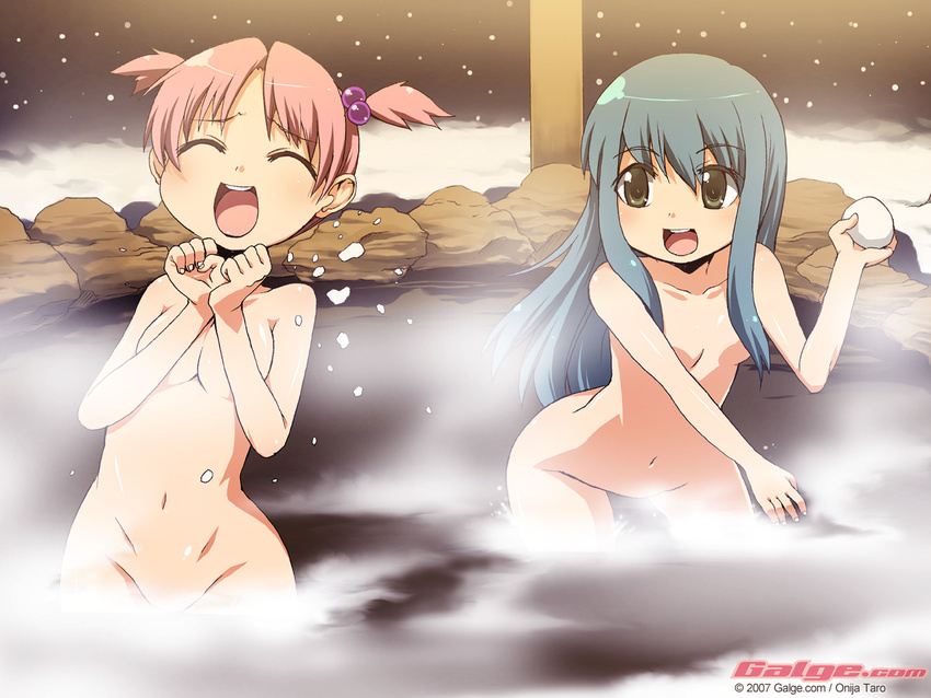 bath closed_eyes galge.com hair_bobbles hair_ornament multiple_girls nude onija_tarou onsen original snow