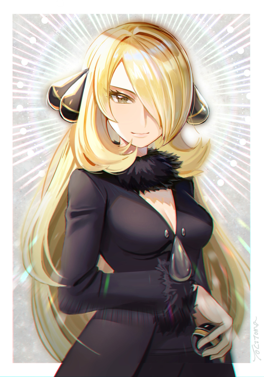 1girl =_(9_yawbus) absurdres black_collar blonde_hair border breasts cleavage closed_mouth coat collar commentary_request cynthia_(pokemon) eyelashes fur-trimmed_coat fur_collar fur_trim grey_eyes hair_ornament hair_over_one_eye highres holding holding_poke_ball long_hair long_sleeves looking_at_viewer luxury_ball outside_border poke_ball pokemon pokemon_dppt smile solo white_border