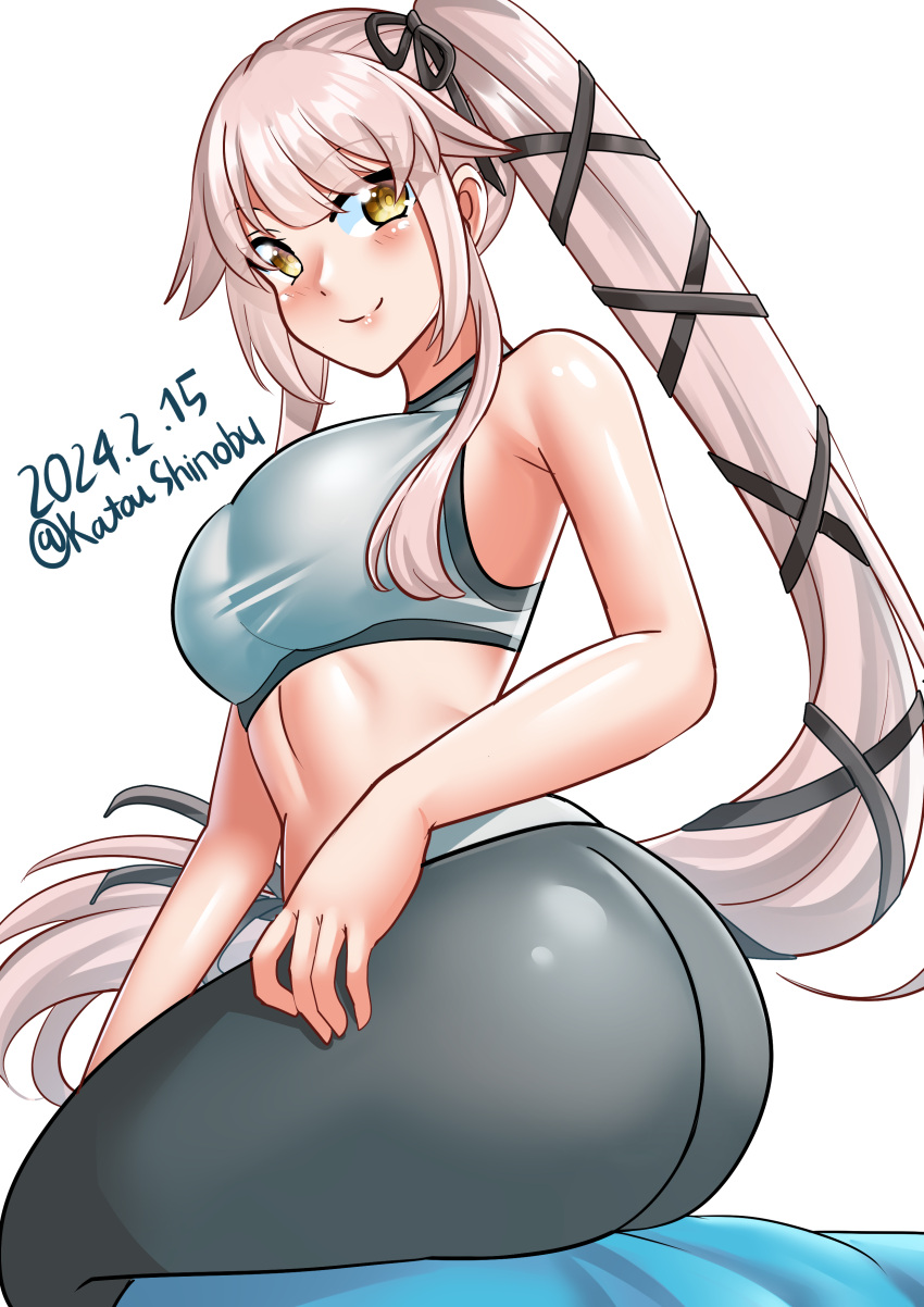 1girl absurdres alternate_costume blush breasts dated exercise green_eyes green_sports_bra gym_uniform hair_flaps highres kantai_collection katou_shinobu large_breasts lips long_hair looking_at_viewer pants pink_hair ponytail ribbon smile solo sports_bra tight_clothes tight_pants twitter_username very_long_hair white_background yoga_pants yura_(kancolle)