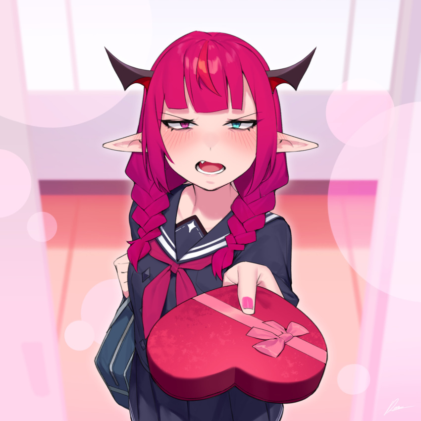 1girl angry bag black_shirt black_skirt braid dasdokter demon_horns english_commentary frown green_eyes heterochromia highres hololive hololive_english horns incoming_gift irys_(gamer)_(hololive) irys_(hololive) long_hair long_sleeves open_mouth pink_eyes pink_hair pleated_skirt pointy_ears reaching reaching_towards_viewer round_eyewear school_bag shirt skirt solo teeth tongue twin_braids valentine virtual_youtuber