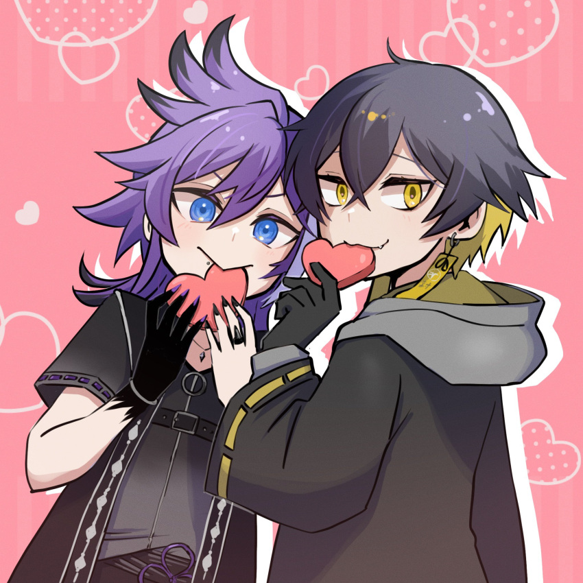 2boys :&gt; :3 banzoin_hakka banzoin_hakka_(2nd_costume) belt black_belt black_coat black_gloves black_hair black_nails black_shirt black_skin blonde_hair blue_eyes bracelet chest_belt coat colored_skin fang fingernails gloves grey_hoodie hair_between_eyes heart heart_in_mouth highres holostars holostars_english hood hoodie jewelry lip_piercing long_fingernails long_hair looking_at_viewer male_focus multicolored_hair multicolored_skin multiple_boys necklace piercing purple_hair purple_nails ring sharp_fingernails shirt short_hair short_sleeves streaked_hair virtual_youtuber yatogami_fuma yatogami_fuma_(1st_costume) yellow_eyes yugeeyugee