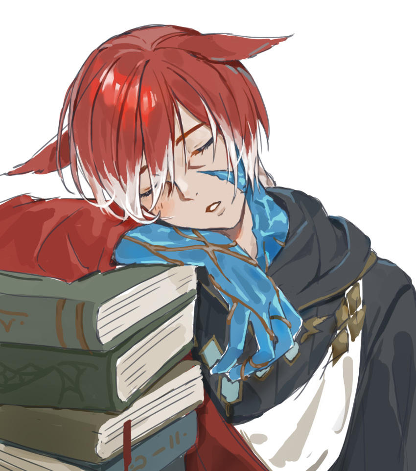 1boy animal_ears book book_stack cat_ears closed_eyes crystal_exarch facing_viewer final_fantasy final_fantasy_xiv g'raha_tia head_tilt highres lumeru_33 male_focus multicolored_hair parted_lips red_hair simple_background sleeping solo two-tone_hair upper_body white_background white_hair