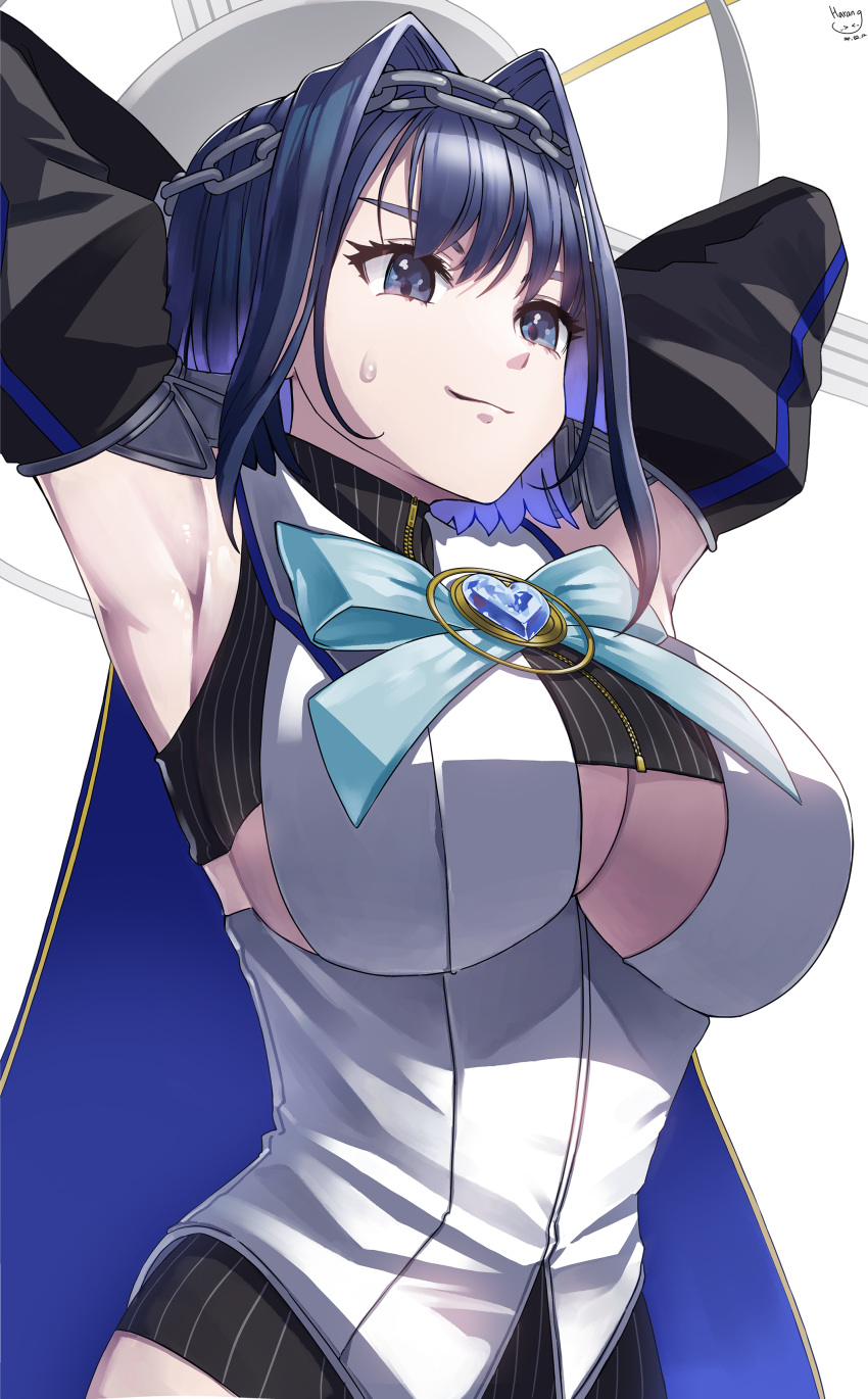1girl absurdres armpits arms_behind_head black_gloves black_thighhighs blue_eyes blue_hair bow bow_earrings breasts chain chain_headband clothing_cutout earrings gloves hair_intakes halo harang08169141 heart-shaped_gem highres hololive hololive_english jewelry large_breasts looking_at_viewer mechanical_halo medium_hair ouro_kronii ouro_kronii_(1st_costume) puffy_sleeves ribbon_earrings short_hair smile solo sweat thighhighs underboob underboob_cutout upper_body virtual_youtuber white_background
