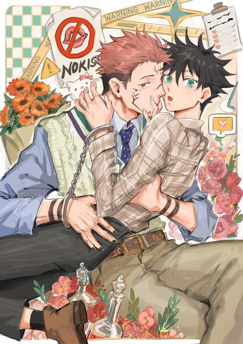 2boys :o absurdres arm_tattoo belt black_hair black_nails black_pants blue_shirt blush couple covering_another's_mouth cuffs extra_eyes facial_tattoo flower fushiguro_megumi green_eyes hair_between_eyes hand_over_another's_mouth handcuffs happy_valentine heart hello_kitty highres hug imminent_kiss jujutsu_kaisen long_sleeves looking_at_viewer male_focus mixed-language_commentary multiple_boys necktie open_mouth orange_flower pants paper pink_flower pink_hair red_eyes red_flower rose ryoumen_sukuna_(jujutsu_kaisen) sanrio shirt shoes short_hair sign sitting socks spiked_hair striped_clothes striped_shirt tattoo undercut vest warning_sign woshihedawei yaoi