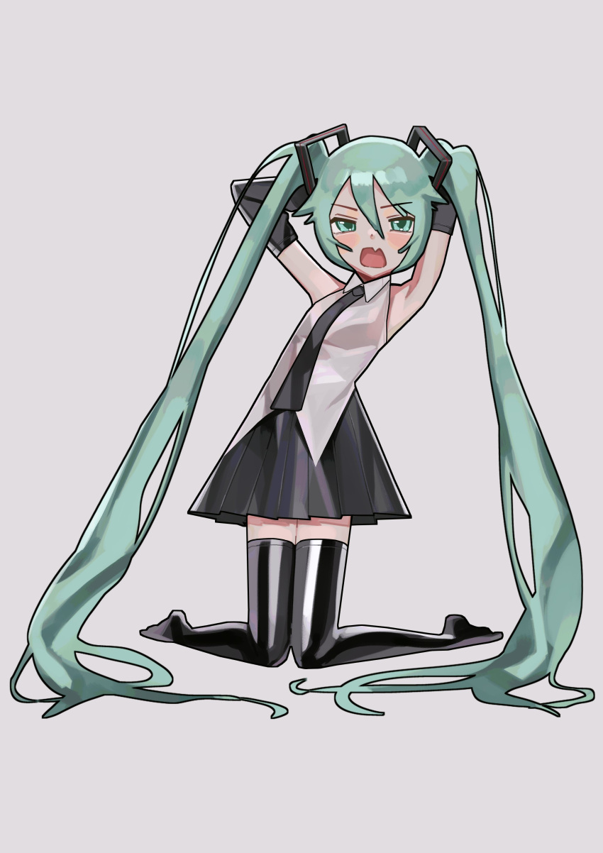 1girl absurdres armpits black_necktie black_skirt black_thighhighs fang full_body green_eyes green_hair hatsune_miku highres long_hair necktie open_mouth saaal653 shirt simple_background skin_fang skirt solo thighhighs twintails vocaloid white_background white_shirt zettai_ryouiki