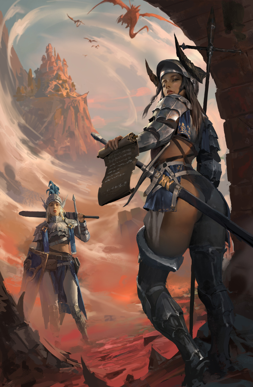 2girls absurdres armor ass blonde_hair blue_eyes boots dragon fake_horns fantasy gauntlets helmet highres holding holding_sword holding_weapon horned_helmet horns long_hair looking_back multiple_girls original outdoors pauldrons polearm scabbard sheath sheathed shield shoulder_armor standing sword thighhighs vergilhoo weapon