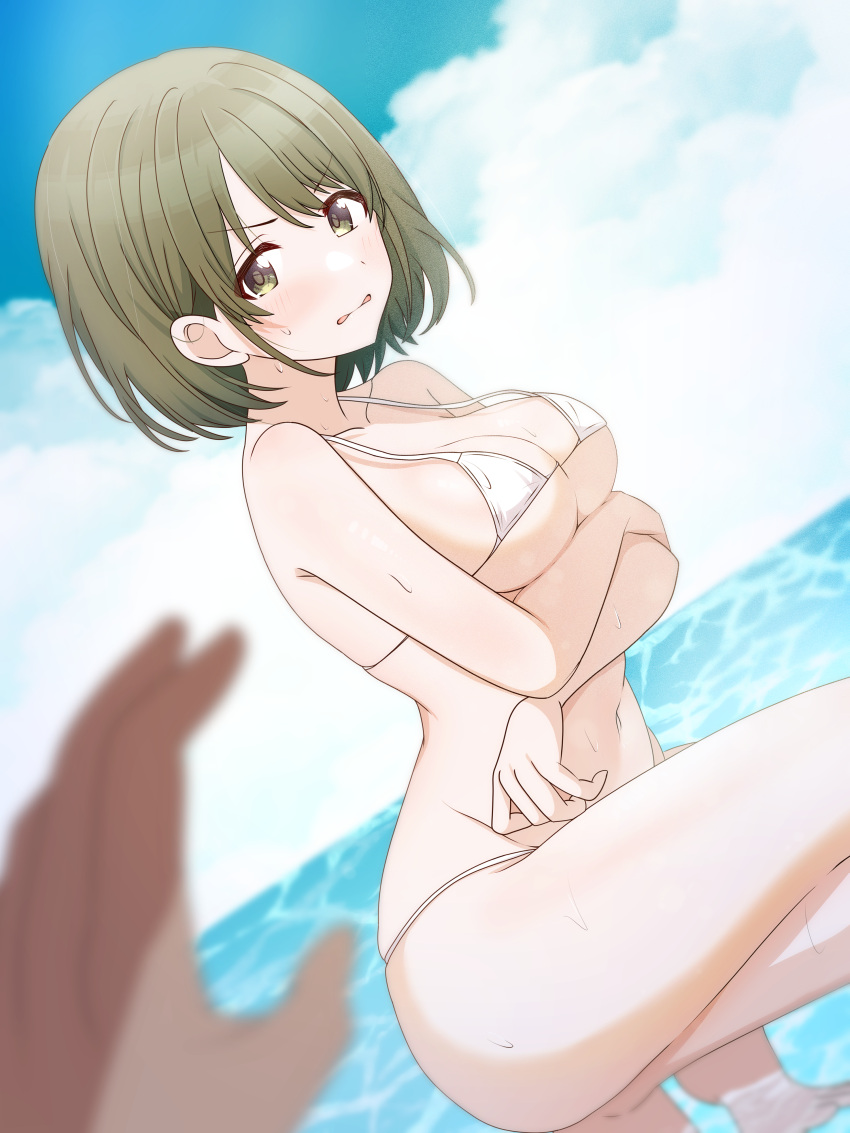 1girl 1other absurdres arms_under_breasts bikini blue_sky blurry breasts brown_eyes brown_hair cloud collarbone commentary day depth_of_field embarrassed highres horizon idolmaster idolmaster_shiny_colors looking_at_viewer microskirt musha_no_kozi nanakusa_nichika navel ocean outdoors pov short_hair skirt sky squatting swimsuit underboob wavy_mouth white_bikini