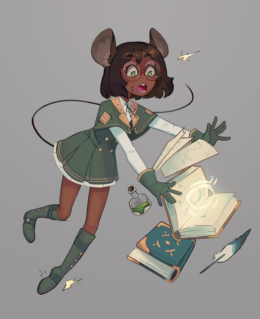 1girl absurdres animal_ears artist_name black_hair blush book boots bumblesteak commentary dark-skinned_female dark_skin english_text glass gloves green_eyes grey_background highres mouse_ears mouse_girl mouse_tail nose olive_(bumblesteak) open_mouth original potion quill short_hair simple_background solo sweat tail