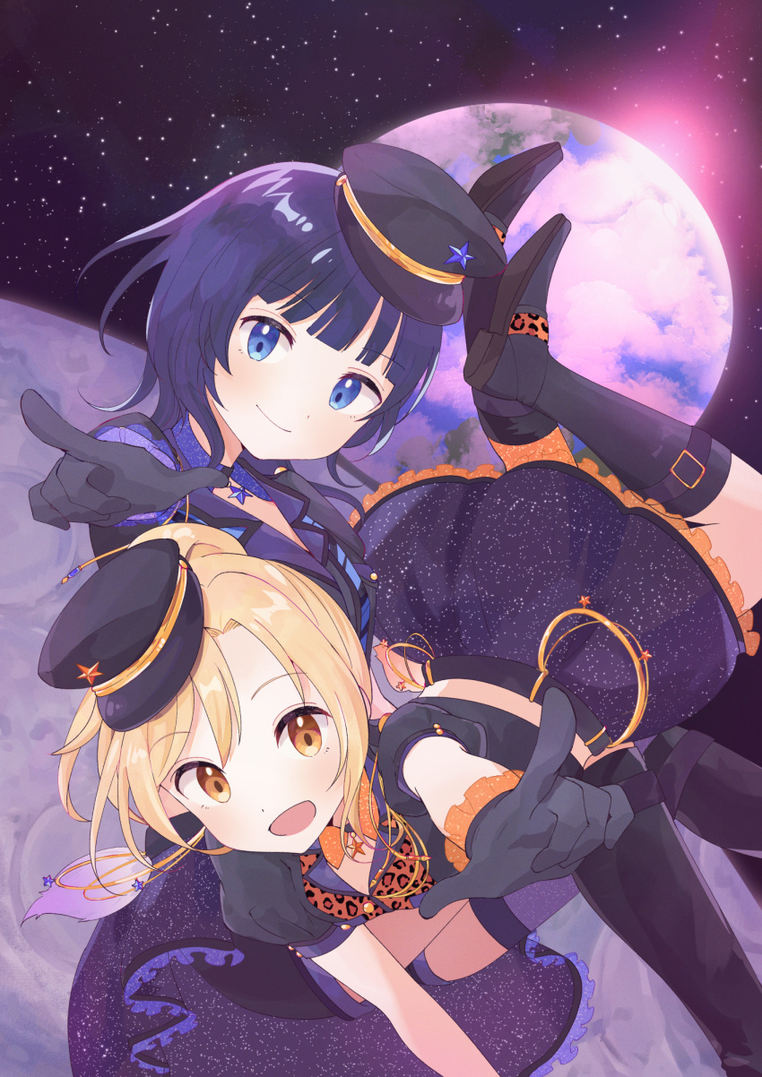 2girls animal_print asaka_karin bad_id bad_pixiv_id black_footwear black_gloves black_headwear black_shirt black_skirt blonde_hair blue_eyes blue_hair boots bow brown_eyes cloud diverdiva earth_(planet) floating gloves head_tilt highres leopard_print looking_at_viewer love_live! love_live!_nijigasaki_high_school_idol_club miyashita_ai moon multiple_girls orange_bow planet pointing ponytail print_bow shirt sitting skirt smile space star_(sky) watanabe_nako