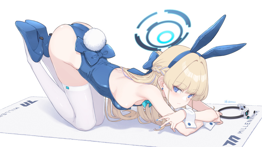 1girl animal_ears artist_name ass blonde_hair blue_archive blue_eyes blue_footwear blue_hair blue_halo blue_leotard blush breasts closed_mouth dan_(kumadan) fake_animal_ears fake_tail halo high_heels highres leotard long_hair looking_at_viewer medium_breasts multicolored_hair official_alternate_costume rabbit_ears rabbit_tail signature simple_background solo strapless strapless_leotard streaked_hair tail thighhighs toki_(blue_archive) toki_(bunny)_(blue_archive) twitter_username white_background white_thighhighs wrist_cuffs