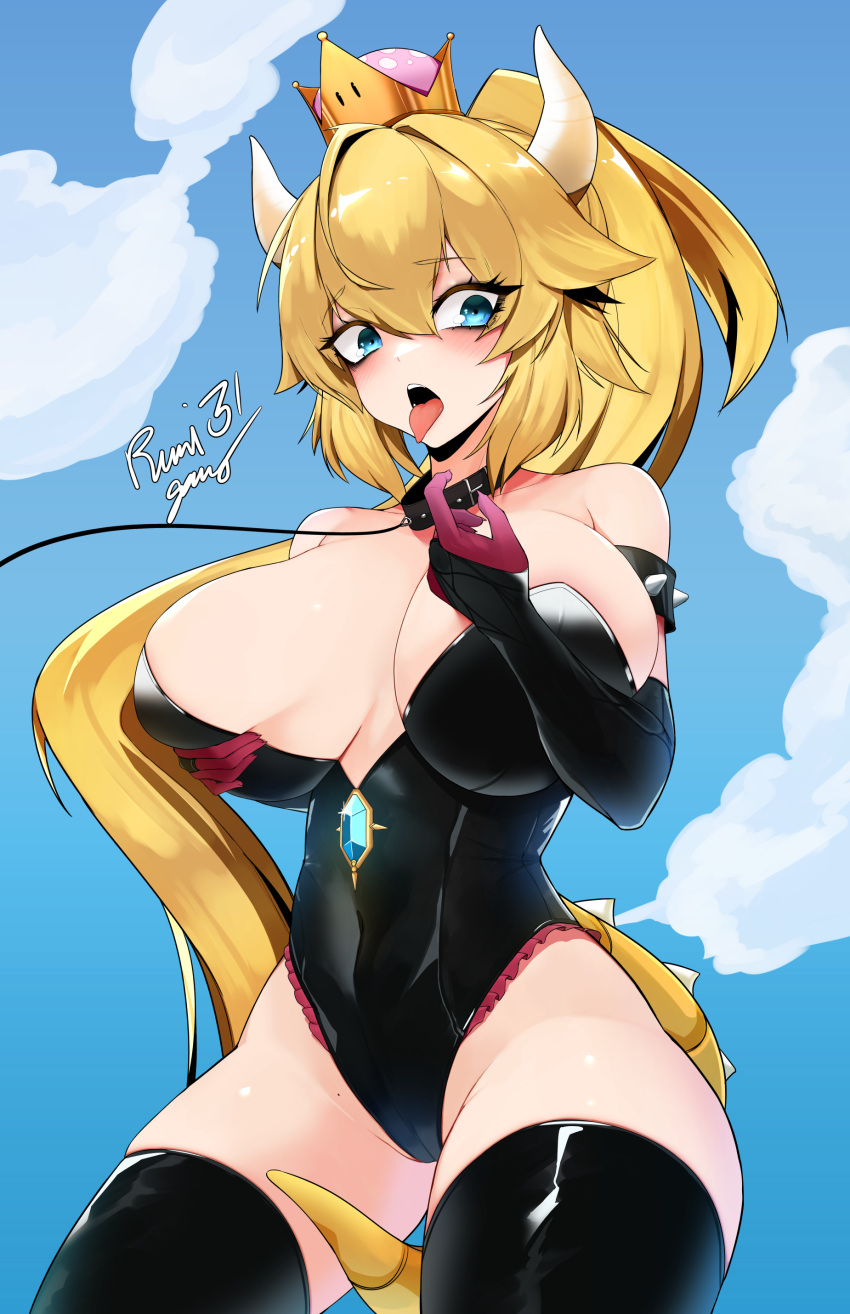 1girl absurdres armlet bare_shoulders belt belt_collar black_belt black_bridal_gauntlets black_leotard blonde_hair blue_eyes blue_gemstone bowsette breasts bridal_gauntlets cloud collar covered_navel gem gloves highleg highleg_leotard highres horns leash leotard long_hair mario_(series) open_mouth pink_gloves rumi_(rumigawa31) signature sky solo spiked_armlet spiked_tail super_crown tail thighhighs tongue tongue_out