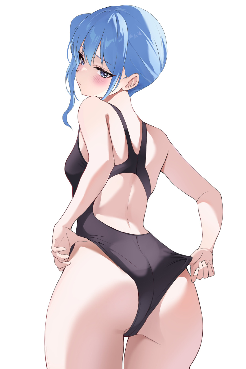 1girl absurdres adjusting_clothes adjusting_swimsuit alternate_costume ass asymmetrical_hair back backless_swimsuit black_one-piece_swimsuit blue_eyes blue_hair blush breasts closed_mouth cowboy_shot embarrassed fawny from_behind highres hololive hoshimachi_suisei light_blue_hair looking_at_viewer looking_back medium_hair one-piece_swimsuit side_ponytail simple_background small_breasts solo standing star_(symbol) star_in_eye swimsuit symbol_in_eye virtual_youtuber white_background