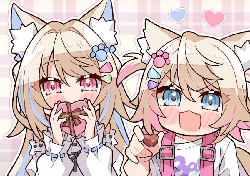 2girls animal_ear_fluff animal_ears blonde_hair blue_eyes blue_hair breasts chibi collar dog_ears dog_girl fang fuwawa_abyssgard hair_ornament highres hololive hololive_english kukie-nyan long_hair looking_at_viewer mococo_abyssgard multicolored_hair multiple_girls open_mouth pink_eyes pink_hair short_hair siblings sisters skin_fang streaked_hair twins two_side_up very_long_hair virtual_youtuber