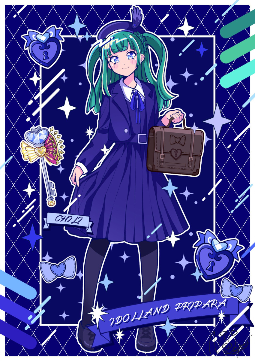 1girl bag beret black_footwear black_pantyhose blue_background blue_eyes blue_headwear blue_jacket blue_ribbon blue_skirt blue_theme blunt_bangs blunt_ends border brown_bag character_name closed_mouth copyright_name formal full_body green_hair hat highres holding holding_bag idol_land_pripara jacket key keyhole lock long_hair long_sleeves looking_at_viewer neck_ribbon outline pantyhose pleated_skirt pretty_series pripara ribbon satowa_(circuit) shoes skirt skirt_hold smile solo standing tsukikawa_chili two_side_up white_border white_outline