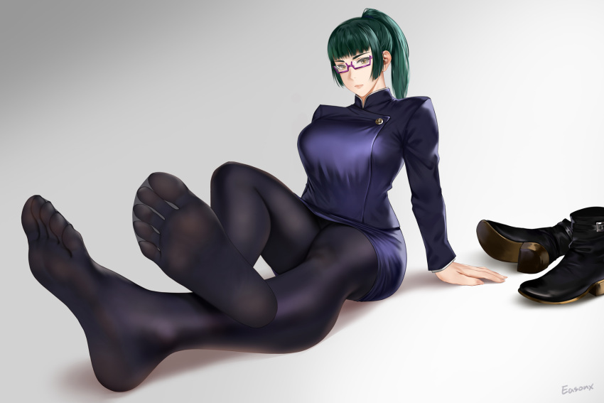 1girl artist_name black_jacket black_pantyhose black_skirt boots breasts commentary_request crossed_legs easonx feet foot_focus green_hair grey_background highres jacket jujutsu_kaisen large_breasts long_hair on_ground pantyhose pencil_skirt ponytail red-framed_eyewear semi-rimless_eyewear shoes simple_background skirt soles solo toes under-rim_eyewear unworn_shoes zen'in_maki