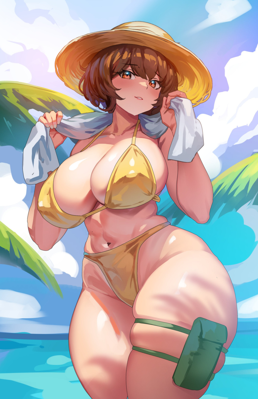 1girl absurdres bikini breasts brown_eyes brown_hair cleavage cloud collarbone cowboy_shot curvy gad_the_god hat highres large_breasts navel original palm_leaf parted_lips short_hair skindentation sky solo sun_hat swimsuit thigh_pouch thigh_strap towel towel_around_neck yellow_bikini