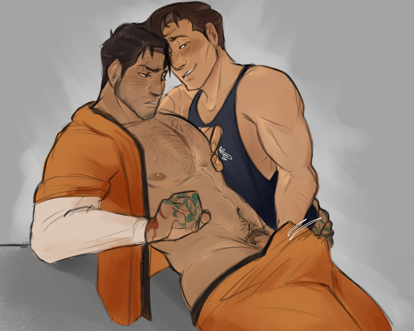 2boys abs bara bare_pectorals beard_stubble black_tank_top blush character_request couple crotch_grab dark-skinned_male dark_skin facial_hair from_side hairy hand_in_pants highres interracial large_pectorals male_focus mature_male mortal_kombat_(series) mortal_kombat_1_(2023) motion_lines multiple_boys muscular muscular_male navel navel_hair nico_(velcromancy) nipples open_clothes open_shirt pectorals penis penis_peek seductive_smile short_hair smile sparse_chest_hair sparse_navel_hair stomach stubble tank_top thick_eyebrows yaoi