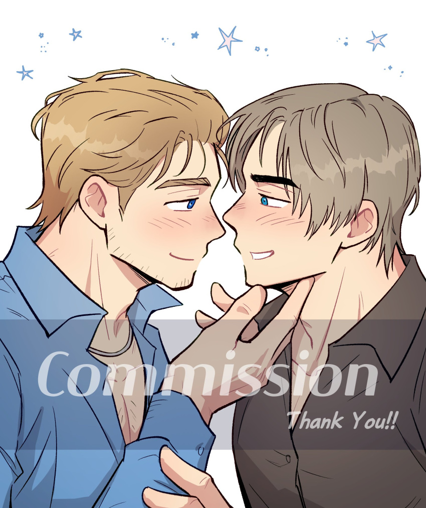 2boys bara blush character_request commission couple dead_by_daylight eye_contact facial_hair felix_richter highres long_sideburns looking_at_another male_focus multiple_boys pectoral_cleavage pectorals profile short_hair sideburns sideburns_stubble sparkle_background sparse_chest_hair sparse_stubble stubble upper_body wasted_m9 yaoi