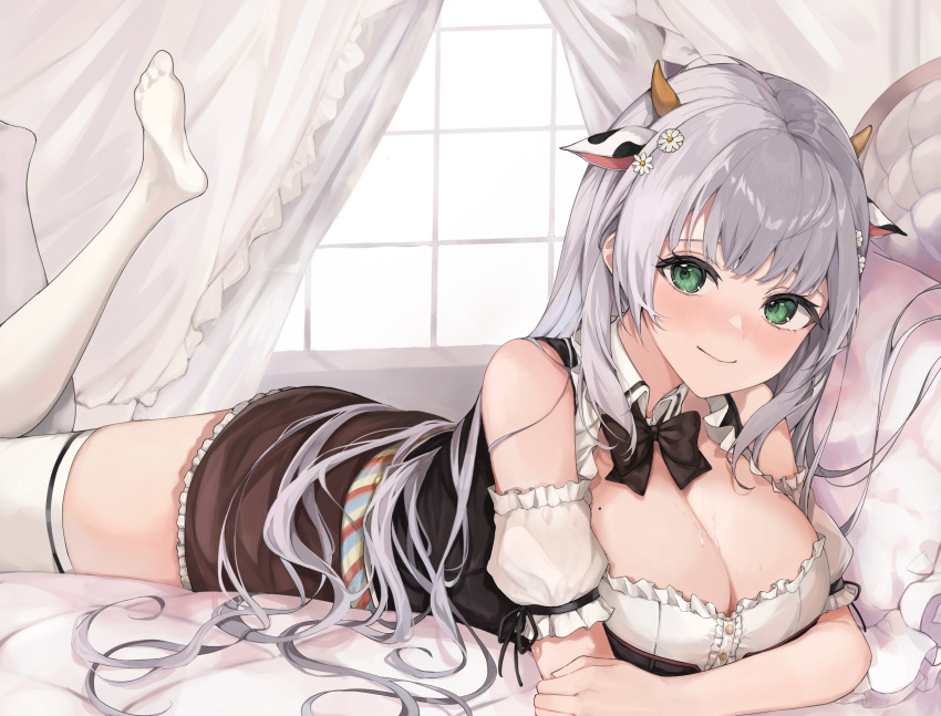 1girl animal_ears black_dress blush breasts cleavage cow_ears cow_horns dress flower german_clothes green_eyes grey_hair hair_flower hair_ornament hasetsu_(hasss0113) highres hololive horns large_breasts legs_up long_hair looking_at_viewer mole mole_on_breast official_alternate_costume shirogane_noel shirogane_noel_(dirndl) smile solo thighhighs virtual_youtuber white_thighhighs