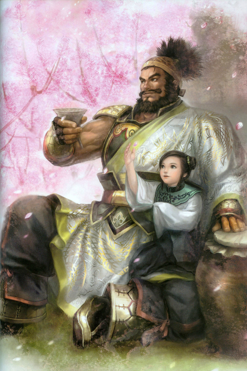 1girl absurdres alcohol armor artist_request beard cherry_blossoms facial_hair highres petals scan shin_sangoku_musou size_difference xing_cai younger zhang_fei
