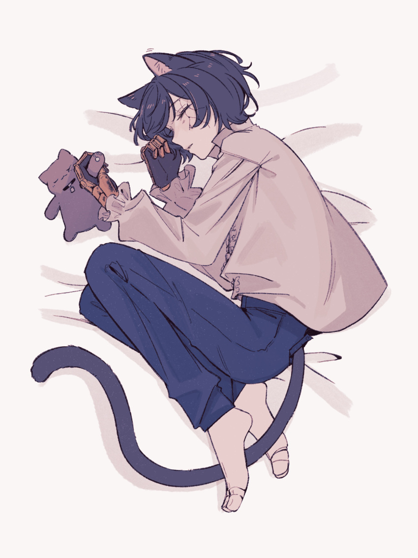 1boy animal_ear_fluff animal_ears barefoot bed_sheet blue_hair blue_pants cat_boy cat_ears cat_tail closed_eyes cracked_skin facial_mark fetal_position frilled_sleeves frills full_body highres holding holding_stuffed_toy joints kaito_(vocaloid) long_sleeves lying male_focus mechanical_hands on_back on_side pants profile project_diva_(series) prosthesis prosthetic_arm prosthetic_leg puffy_long_sleeves puffy_sleeves requiem_(module) robot_joints shirt short_hair sleeping solo soup_dumplin stuffed_animal stuffed_cat stuffed_toy tail vocaloid white_background white_shirt