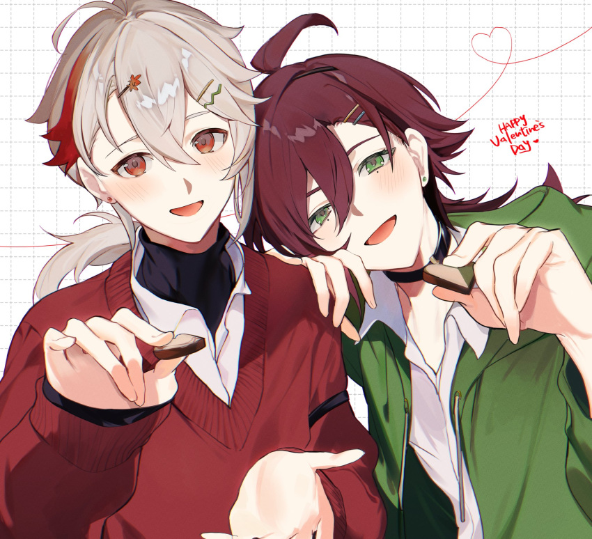 2boys alternate_costume black_choker candy chocolate choker collared_shirt ear_piercing food genshin_impact green_eyes green_jacket grey_hair hair_between_eyes hair_ornament hairclip heart heart-shaped_chocolate highres holding holding_food jacket kaedehara_kazuha long_sleeves looking_at_viewer male_focus mole mole_under_eye multicolored_hair multiple_boys nitenmanten0 open_mouth piercing red_eyes red_hair red_sweater shikanoin_heizou shirt simple_background streaked_hair sweater upper_body valentine white_shirt