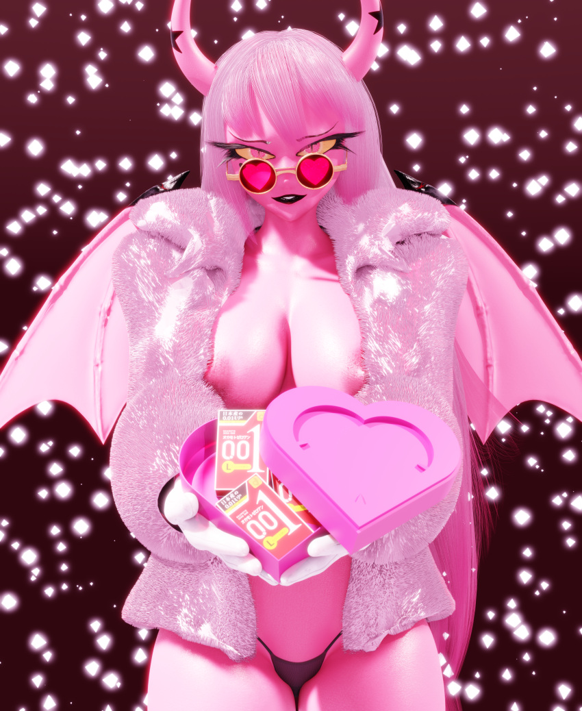 absurd_res big_breasts black_lipstick breasts bysanzan clothing coat condom condom_packet_strip demon eyewear female fur_coat gift glasses hair heart_shaped_box helluva_boss hi_res horn humanoid lipstick long_hair makeup nipples no_bra panties pink_body pink_eyes pink_hair pink_nipples revealing_clothes sexual_barrier_device shwazy_(artist) solo succubus topwear underwear verosika_mayday_(helluva_boss) wings