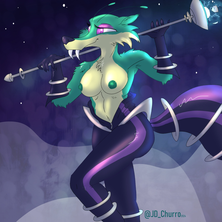 1:1 absurd_res alien antennae_(anatomy) anthro big_tail blue_sky_studios bodysuit breasts cheek_tuft clothed clothing eyeshadow facial_tuft fangs female front_view fur gloves green_body green_fur green_nipples handwear hi_res ice_age_(series) jd_churro makeup mammal nipples purple_eyeshadow rodent saber-toothed_squirrel sabertooth_(anatomy) science_fiction sciurid scratazon scratazon_leader skinsuit sky solo space staff standing tail teeth tight_clothing topless tuft unzipped_bodysuit