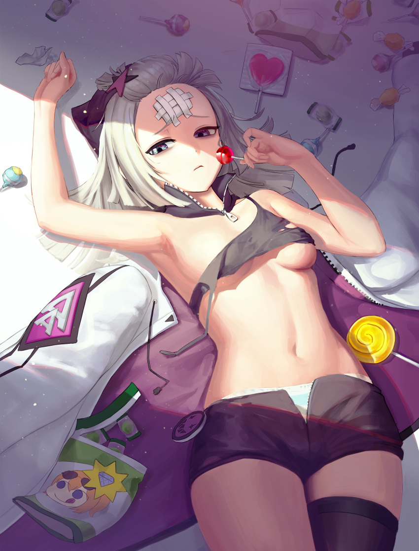 1girl aa-12_(girls'_frontline) absurdres bandaid bandaid_on_face bandaid_on_forehead black_shorts black_thighhighs blue_eyes candy crop_top food girls'_frontline hair_ornament hat highres holding holding_candy holding_food holding_lollipop jacket kalina_(girls'_frontline) lollipop lying multicolored_clothes multicolored_jacket navel partially_unzipped purple_jacket s_bokdong short_shorts shorts single_thighhigh solo star_(symbol) star_hair_ornament thighhighs two-tone_jacket unworn_jacket white_hair white_jacket