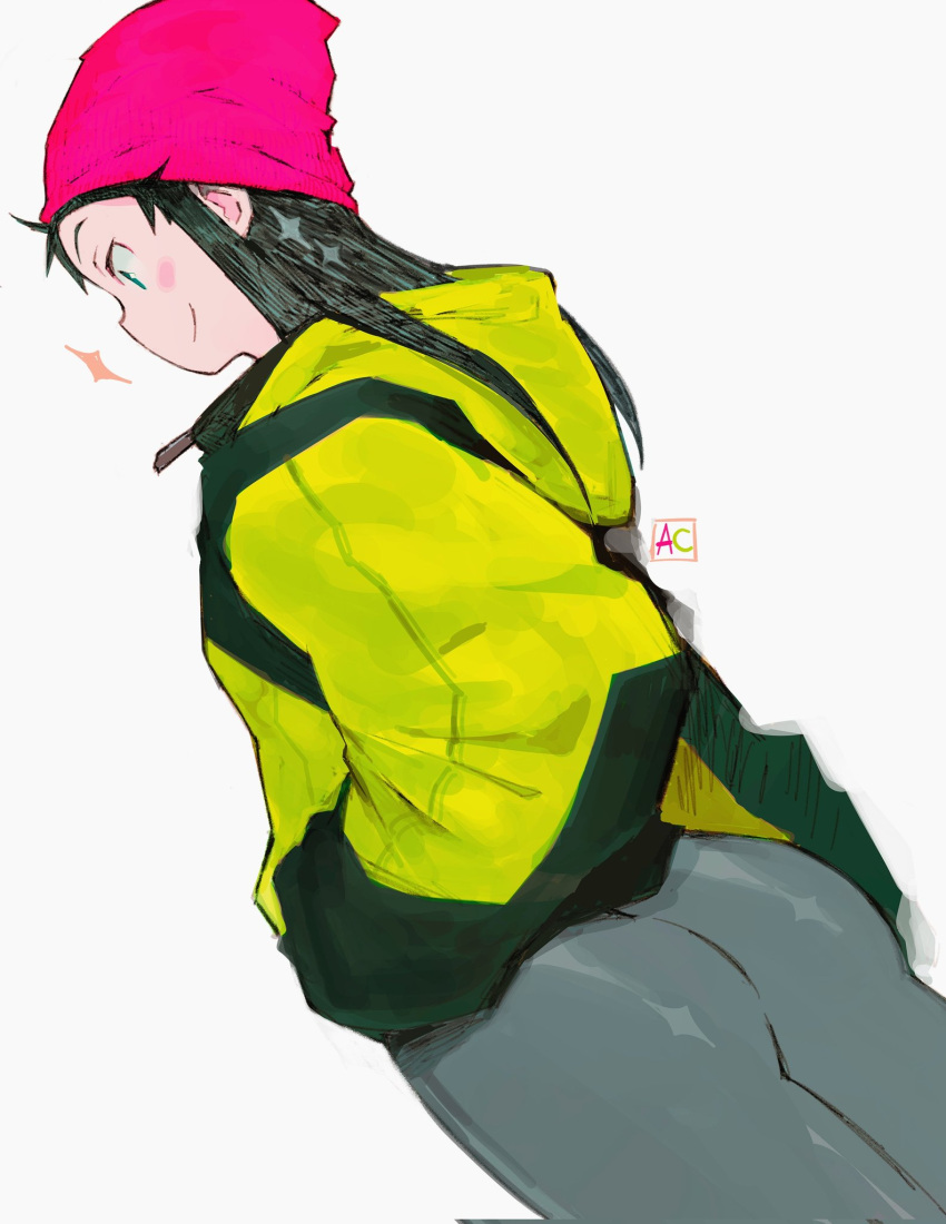 1girl andrewcockroach ass back beanie black_hair black_hoodie blue_eyes green_hoodie hands_in_pockets hat highres hood hood_down hoodie leggings long_hair looking_to_the_side original pink_beanie smile two-tone_hoodie white_background