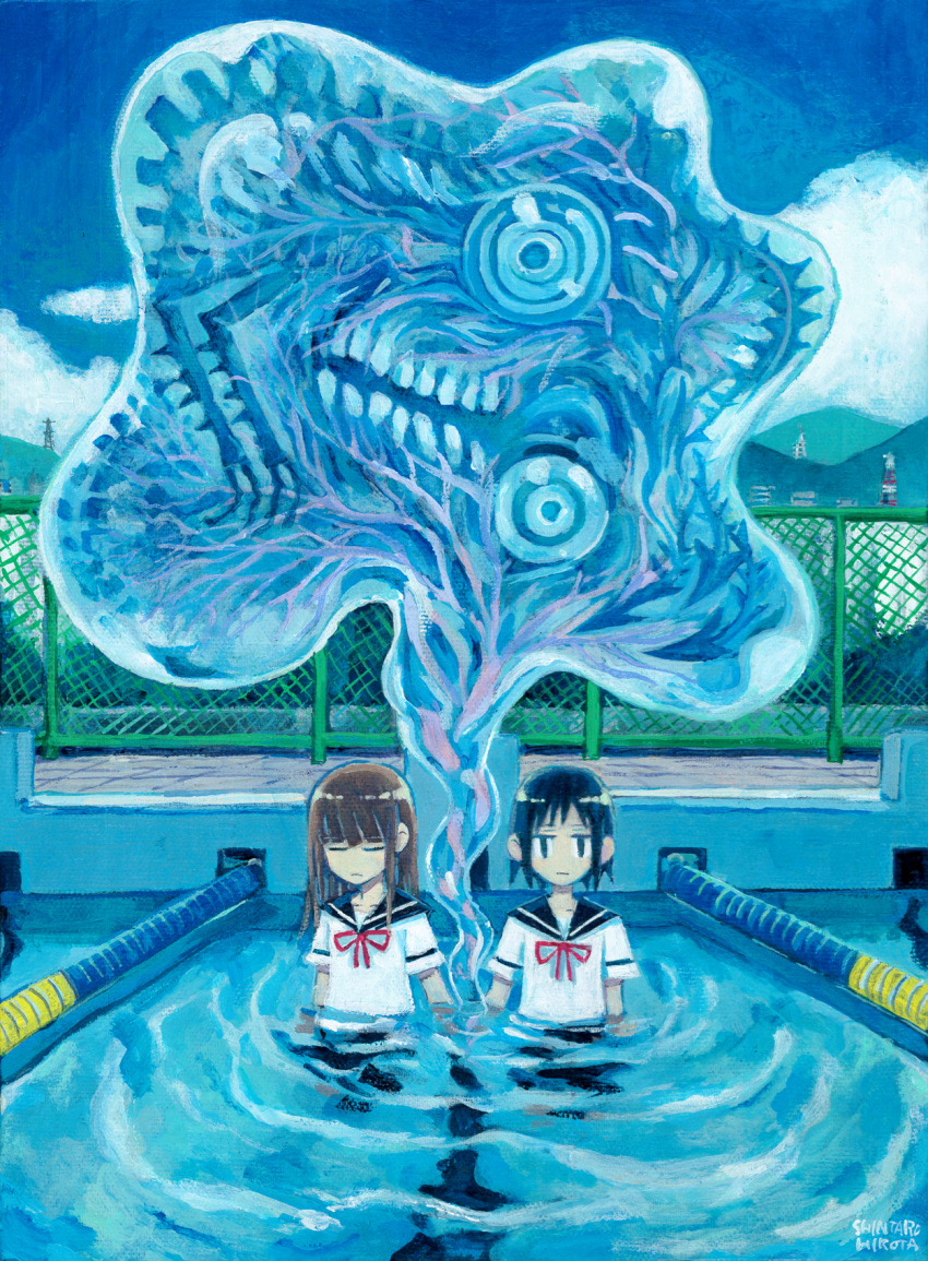 2girls aremoyou black_eyes black_hair black_sailor_collar blunt_bangs brown_hair closed_eyes closed_mouth cloud cloudy_sky commentary_request day expressionless facing_down highres holding_hands jitome lane_line long_hair looking_at_viewer monster mountainous_horizon multiple_girls original outdoors partially_submerged pool ripples sailor_collar shirt short_sleeves side-by-side signature sky surreal traditional_media white_shirt