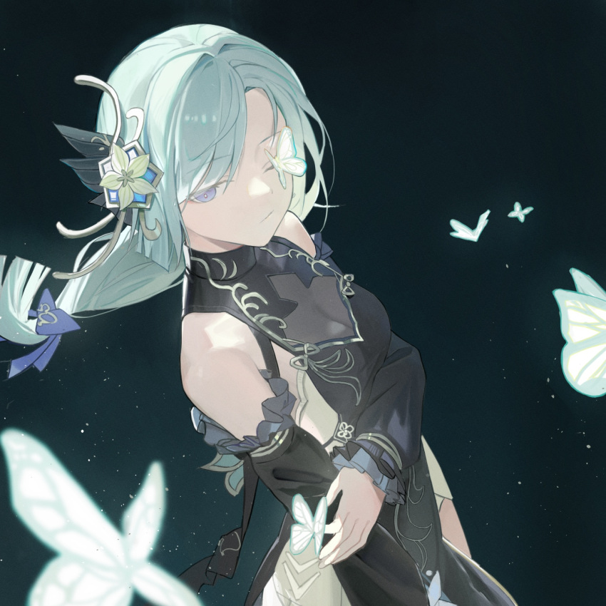 1girl aqua_hair bare_shoulders black_dress black_sleeves blue_eyes bug butterfly butterfly_on_face butterfly_on_hand closed_mouth commentary_request detached_sleeves dress expressionless frilled_sleeves frills genshin_impact highres long_hair looking_at_viewer low-tied_long_hair official_alternate_costume one_eye_closed parted_bangs shenhe_(frostflower_dew)_(genshin_impact) shenhe_(genshin_impact) sleeveless sleeveless_dress solo upper_body yunkkker