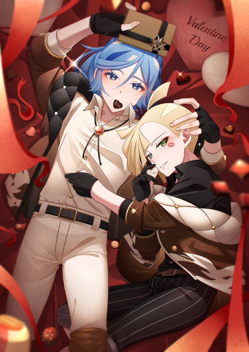 2boys alternate_costume belt black_belt black_gloves black_shirt blonde_hair blue_eyes blue_hair box buttons collared_shirt commentary_request eyelashes fingerless_gloves gift gift_box gladion_(pokemon) gloves green_eyes grusha_(pokemon) hair_between_eyes highres holding lipstick_mark lying male_focus mocacoffee_1001 mouth_hold multiple_boys pants parted_lips pokemon pokemon_sm pokemon_sv shirt smile valentine