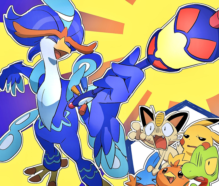 &gt;_&lt; black_eyes closed_eyes commentary_request enden_(slcn040) fangs highres meowth mudkip no_humans open_mouth outline pikachu pokemon pokemon_(creature) quaquaval tongue torchic treecko yellow_background