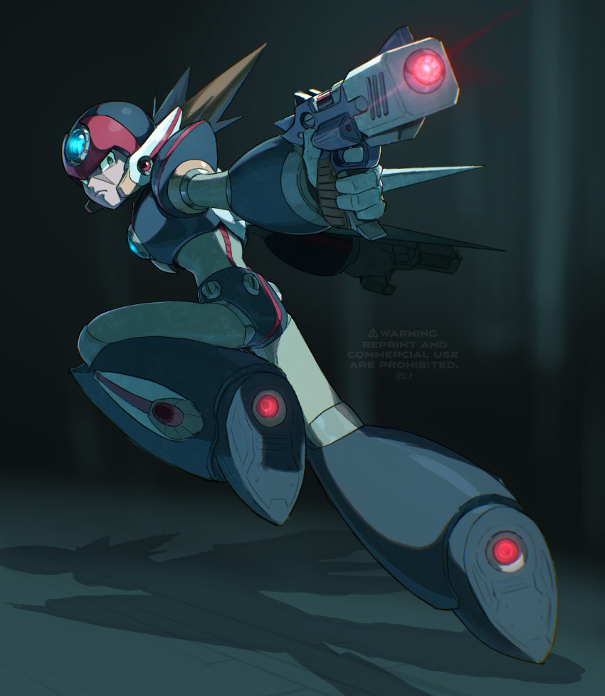 absurdres armor axl_(mega_man) black_armor black_footwear black_helmet boots brown_hair cross_scar dual_wielding finger_on_trigger from_behind full_body gun highres holding holding_gun holding_weapon looking_at_viewer looking_back medium_hair mega_man_(series) mega_man_x_(series) red_helmet scar scar_on_face shoulder_armor spiked_hair tanaka_(is2_p) thrusters weapon