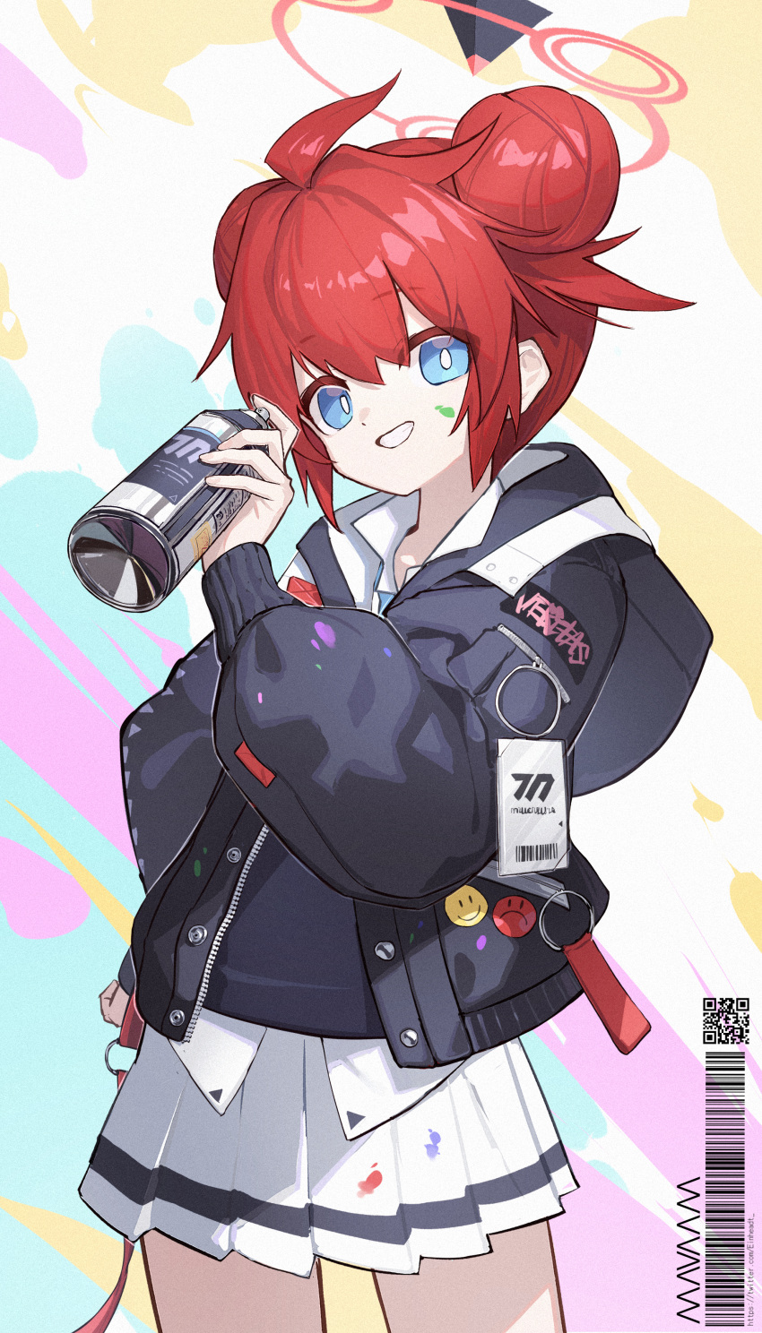 1girl absurdres black_jacket blue_archive blue_eyes collared_shirt cowboy_shot double_bun einheadt grin hair_bun halo highres holding jacket long_sleeves looking_at_viewer maki_(blue_archive) open_clothes open_jacket pleated_skirt red_hair red_halo shirt short_hair skirt smile solo spray_can white_shirt white_skirt