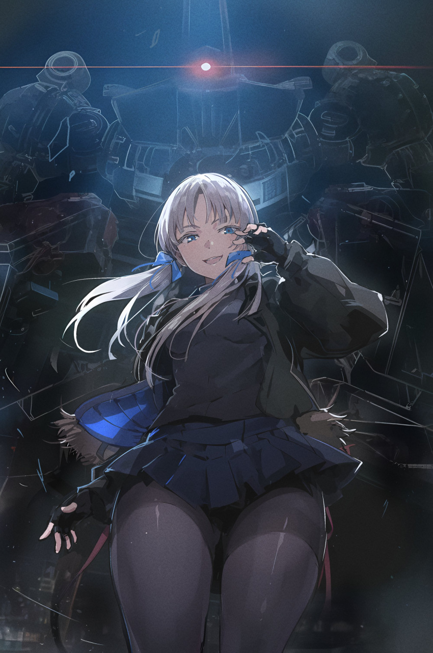 1girl absurdres arm_up black_gloves black_jacket black_shirt blue_eyes blue_ribbon blue_skirt breasts character_request commentary copyright_request fingerless_gloves from_below gloves grey_hair highres jacket las91214 long_hair looking_at_viewer mecha medium_breasts pantyhose ribbon robot shirt skirt smile solo symbol-only_commentary teeth thighband_pantyhose thighs upper_teeth_only very_long_hair