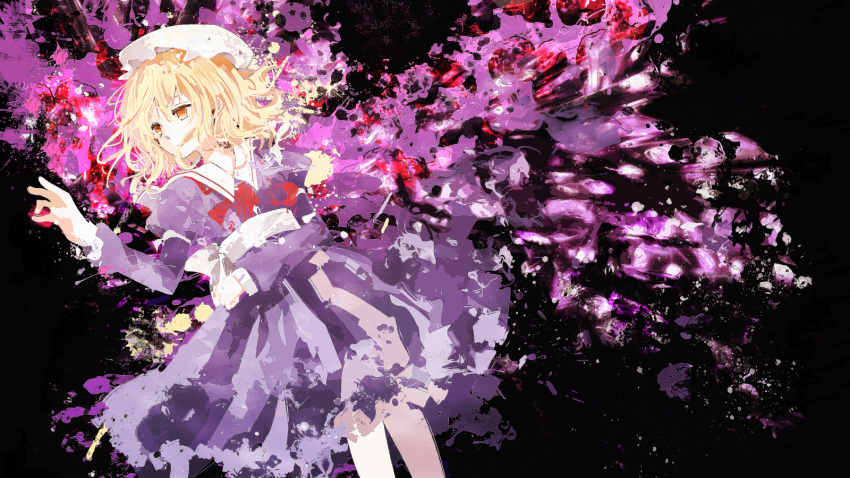 1girl abstract_background album_cover blonde_hair collared_dress cover dress expressionless hair_between_eyes hair_flowing_over hat highres long_sleeves maribel_hearn medium_hair mob_cap purple_dress reaching ruuya_higashino short_hair solo takamachi_walk touhou white_headwear