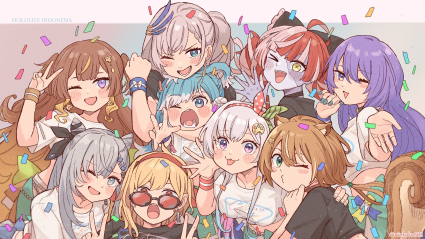 6+girls absurdres ahoge airani_iofifteen animal_ears anya_melfissa ayunda_risu blonde_hair blue_eyes blue_hair blue_nails bow brown_hair clenched_hand colored_skin double_bun everyone fang green_eyes grey_hair grey_skin hair_bow hair_bun highres hololive hololive_indonesia hug hug_from_behind kaela_kovalskia kobo_kanaeru kureiji_ollie kyoraku_(weng3133) long_hair moona_hoshinova multiple_girls one_eye_closed palette_hair_ornament pavolia_reine purple_eyes purple_hair red_eyes squirrel_ears squirrel_tail sunglasses tail tongue tongue_out twitter_username v vestia_zeta virtual_youtuber wristband yellow_eyes