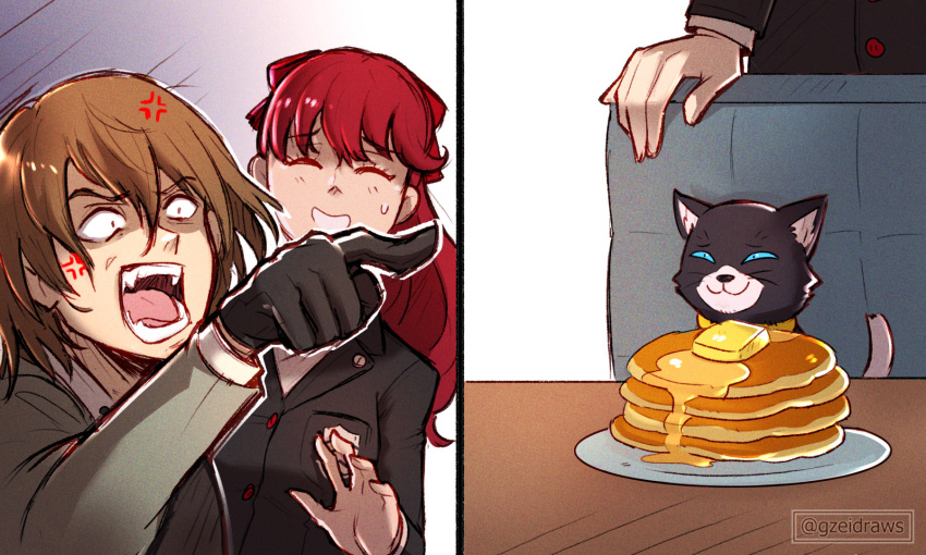 1girl 2boys :3 akechi_gorou amamiya_ren anger_vein black_gloves brown_hair butter cat food gloves gzei highres maple_syrup meme morgana_(persona_5) multiple_boys pancake pancake_stack persona persona_5 persona_5_the_royal pointing red_hair school_uniform shuujin_academy_school_uniform smug sweatdrop table woman_yelling_at_cat_(meme) yoshizawa_kasumi