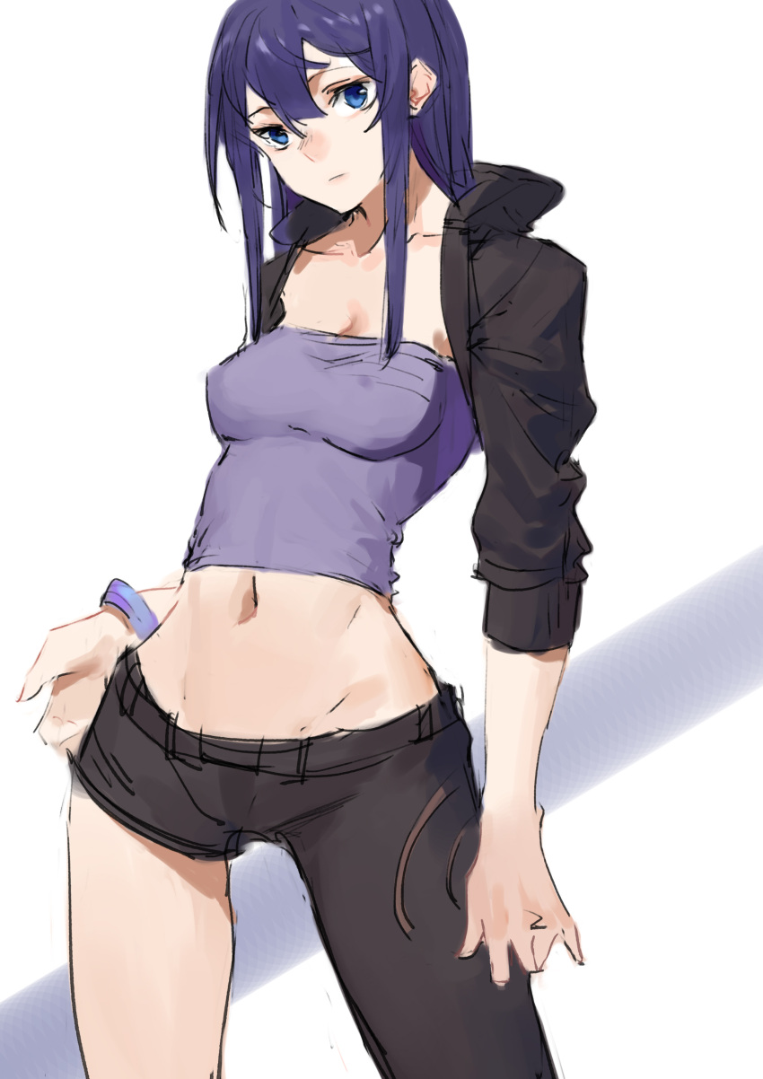 1girl absurdres asymmetrical_clothes bad_hands black_jacket black_pants blue_eyes blue_hair breasts cleavage closed_mouth covered_nipples crop_top expressionless hair_between_eyes highres jacket jewelry liudaohai6001 long_hair looking_at_viewer medium_breasts midriff navel open_clothes open_jacket original pants purple_hair sidelocks simple_background single_pantsleg sketch solo strapless white_background