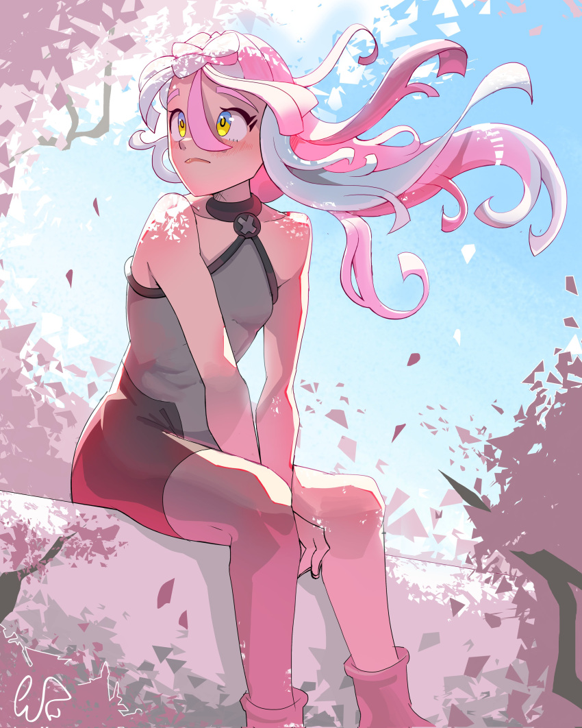 1girl absurdres bare_shoulders blue_hair blue_sky bodysuit boots bow-shaped_hair cherry_blossoms closed_mouth commentary exceedxatu eyelashes falling_petals frown grey_bodysuit highres iono_(pokemon) long_hair multicolored_hair outdoors petals pink_hair pokemon pokemon_sv signature sitting sky solo split-color_hair two-tone_hair yellow_eyes