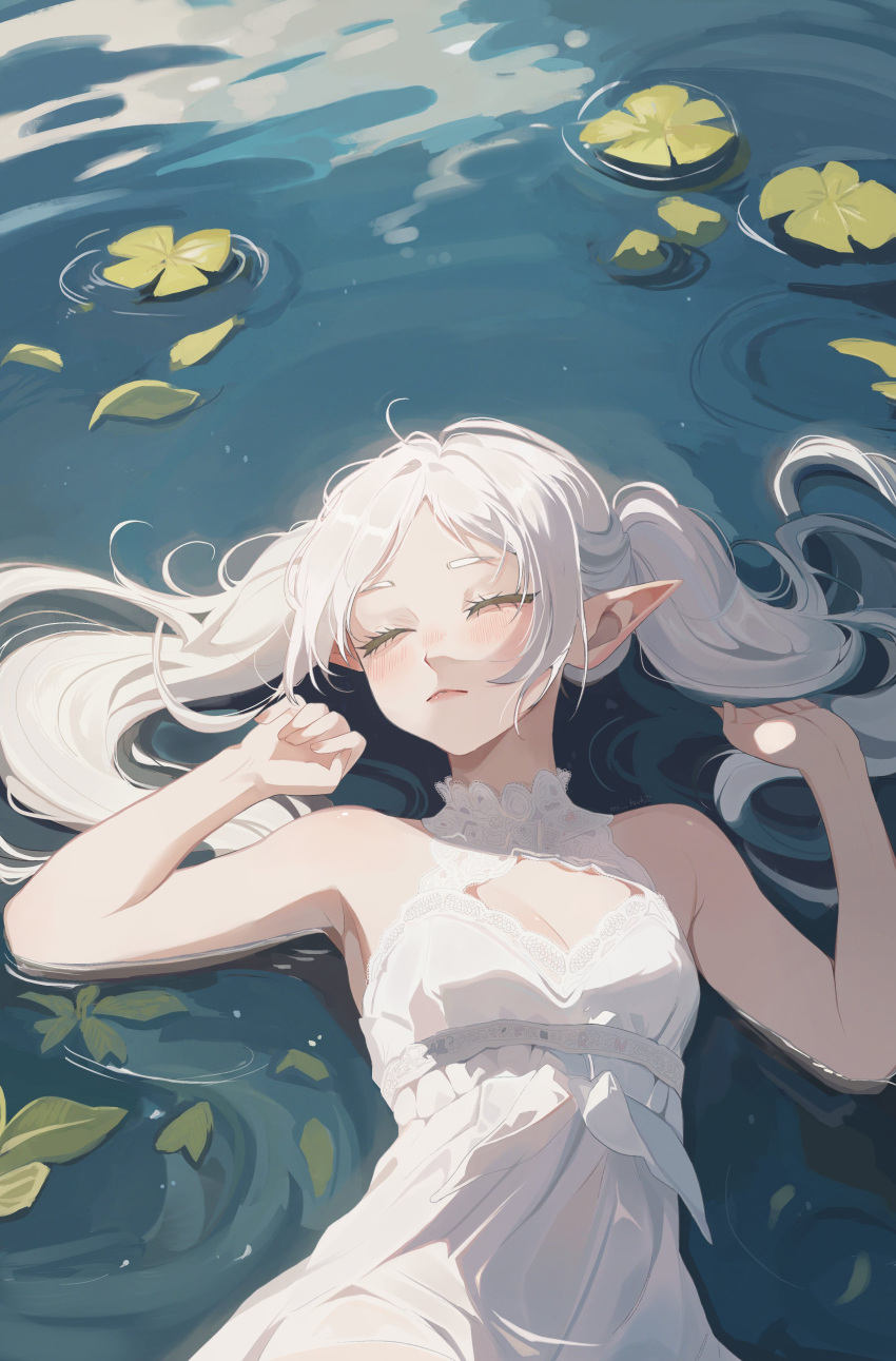 1girl absurdres arms_up bare_arms breasts cleavage_cutout closed_eyes closed_mouth clothing_cutout dress from_above highres lily_pad lying ms_tsukii on_back pale_skin partially_submerged pointy_ears pond small_breasts solo sousou_no_frieren straight_hair twintails upper_body water white_dress white_hair